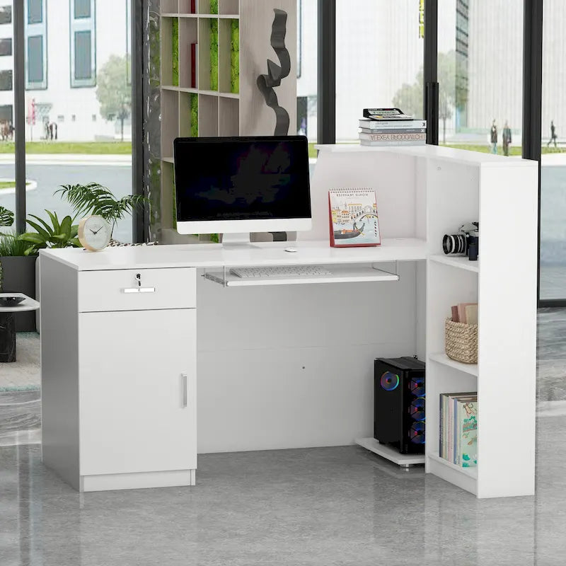 Reception Desk L-Shaped Front Counter Table w/ Storage Shelf by Timechee