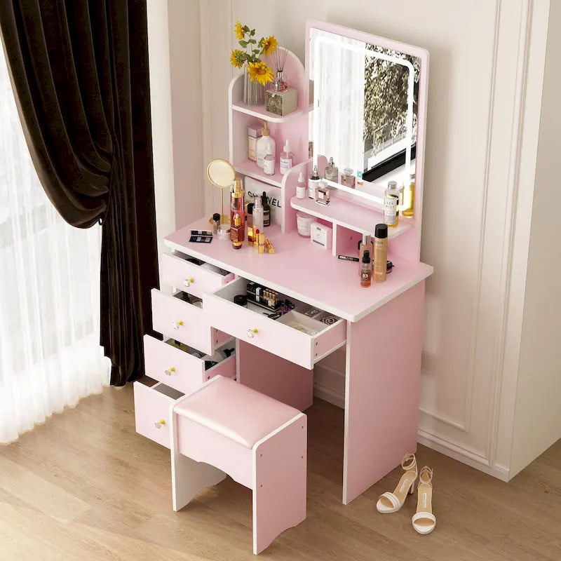 Makeup Vanity Set wi/Lighted Mirror, Storage Shelves and Drawers White - 31.5 L x 15.7 W x 55.1 H