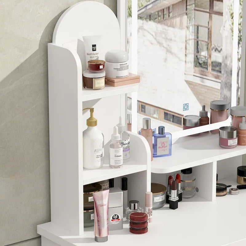 Makeup Vanity Set wi/Lighted Mirror, Storage Shelves and Drawers White - 31.5 L x 15.7 W x 55.1 H