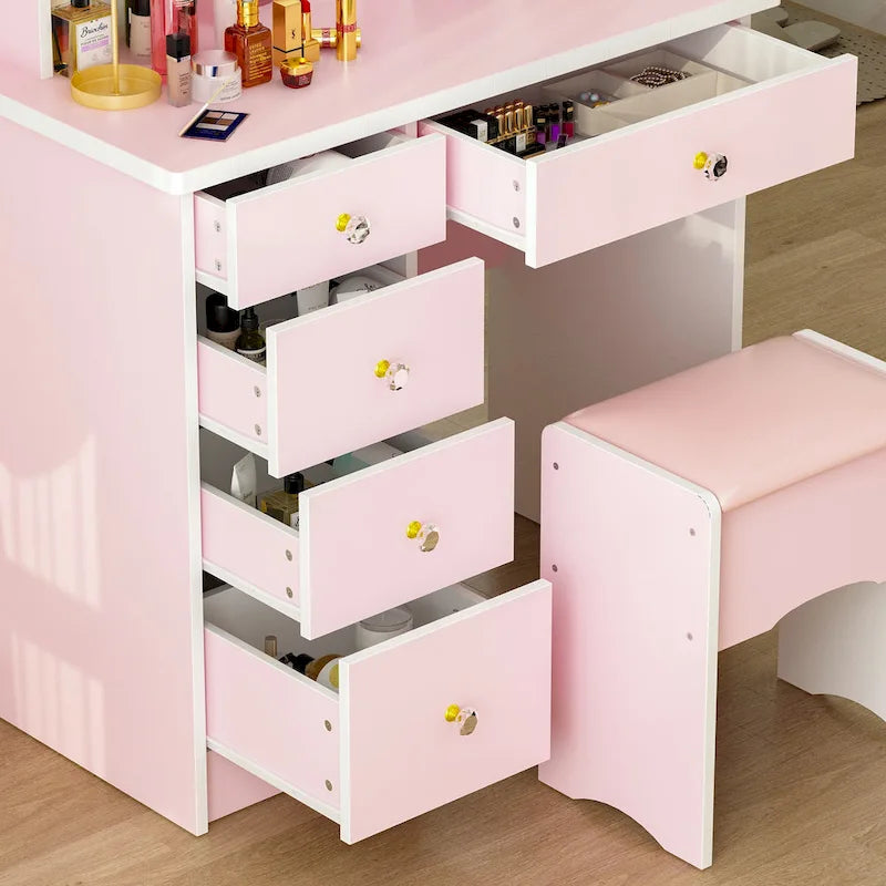 Makeup Vanity Set wi/Lighted Mirror, Storage Shelves and Drawers White - 31.5 L x 15.7 W x 55.1 H