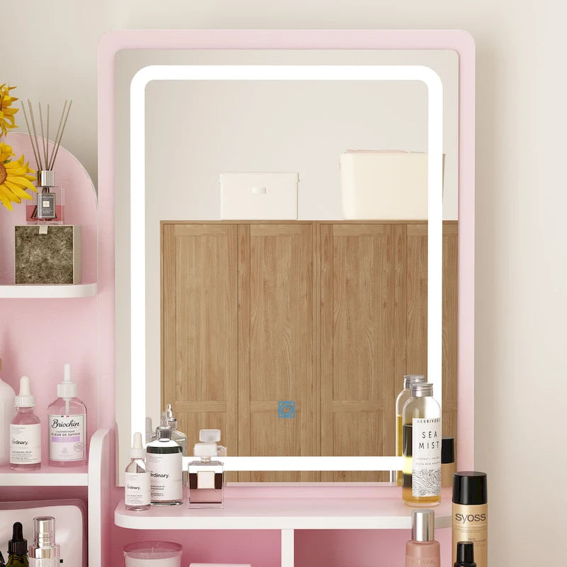 Makeup Vanity Set wi/Lighted Mirror, Storage Shelves and Drawers White - 31.5 L x 15.7 W x 55.1 H