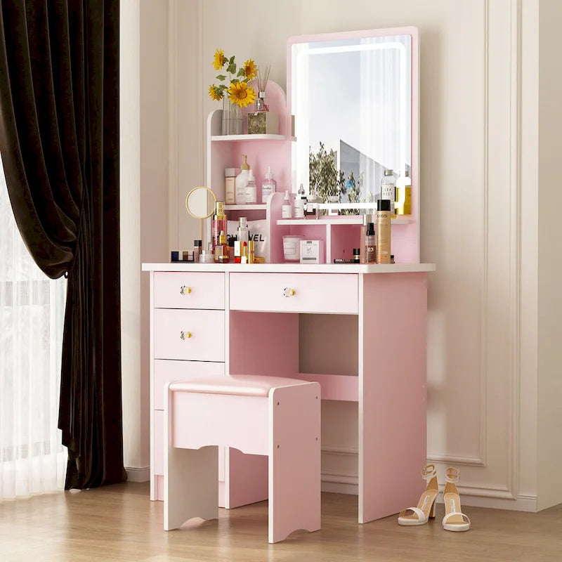 Makeup Vanity Set wi/Lighted Mirror, Storage Shelves and Drawers White - 31.5 L x 15.7 W x 55.1 H