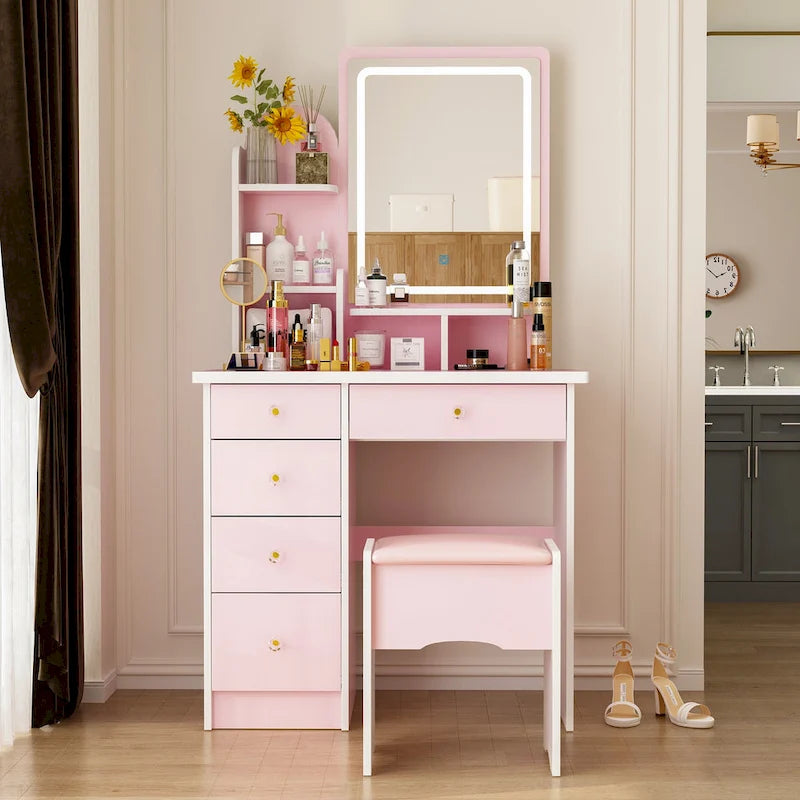 Makeup Vanity Set wi/Lighted Mirror, Storage Shelves and Drawers White - 31.5 L x 15.7 W x 55.1 H