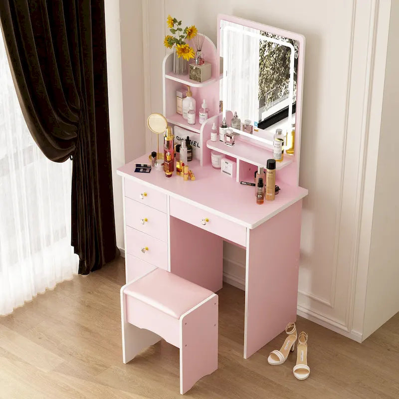 Makeup Vanity Set wi/Lighted Mirror, Storage Shelves and Drawers White - 31.5 L x 15.7 W x 55.1 H
