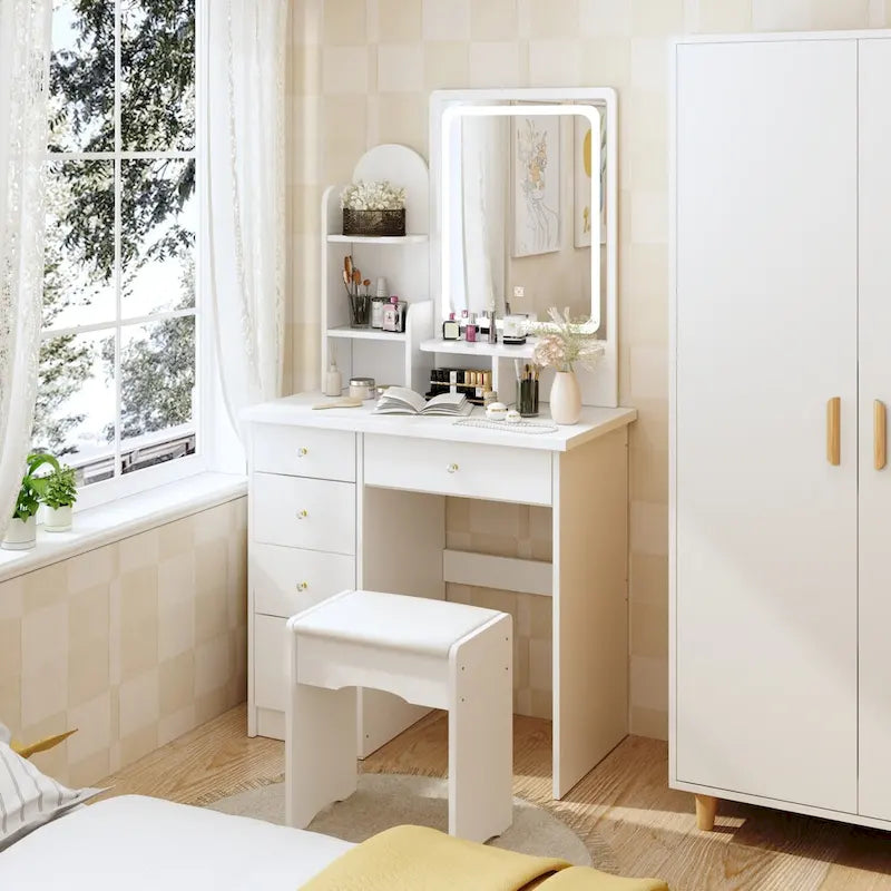 Makeup Vanity Set wi/Lighted Mirror, Storage Shelves and Drawers White - 31.5 L x 15.7 W x 55.1 H