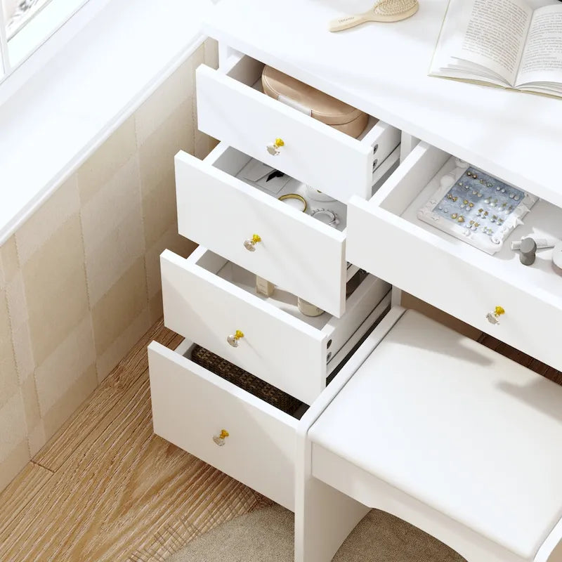 Makeup Vanity Set wi/Lighted Mirror, Storage Shelves and Drawers White - 31.5 L x 15.7 W x 55.1 H