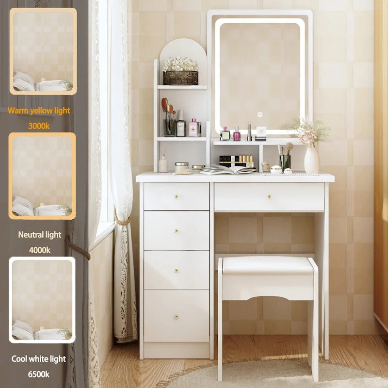 Makeup Vanity Set wi/Lighted Mirror, Storage Shelves and Drawers White - 31.5 L x 15.7 W x 55.1 H