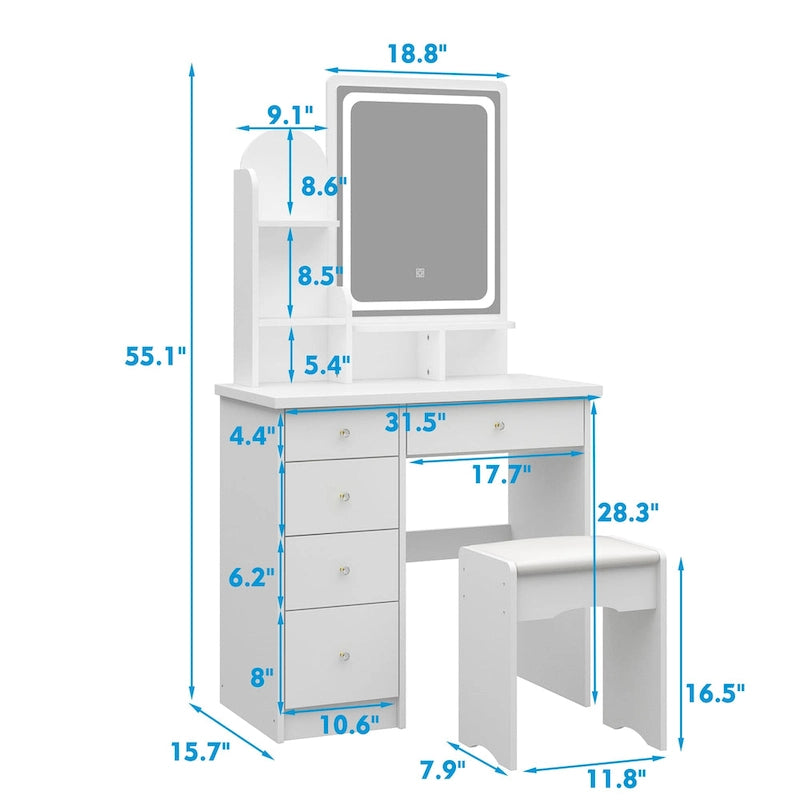 Makeup Vanity Set wi/Lighted Mirror, Storage Shelves and Drawers White - 31.5 L x 15.7 W x 55.1 H