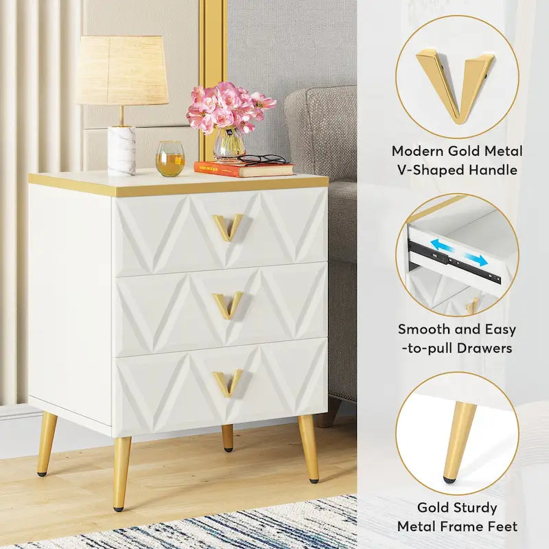 Pack of 2 Modern 3-Drawer Nightstand, White Gold Sofa End Table Bedside Table with Storage