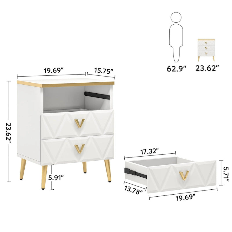 Pack of 2 Modern 3-Drawer Nightstand, White Gold Sofa End Table Bedside Table with Storage