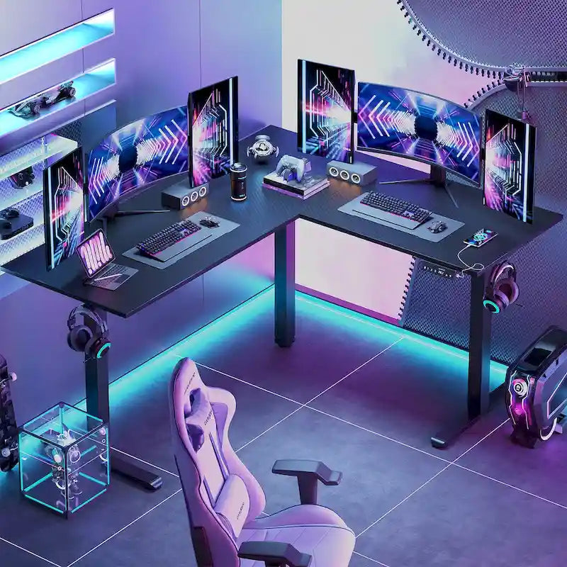 63  L Shaped Standing Desk Corner Desk LED Gaming Desk with Ergonomic Monitor Stand