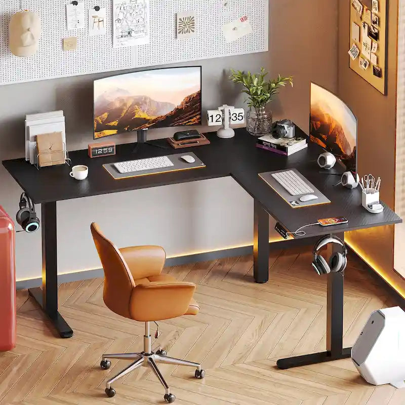 63  L Shaped Standing Desk Corner Desk LED Gaming Desk with Ergonomic Monitor Stand