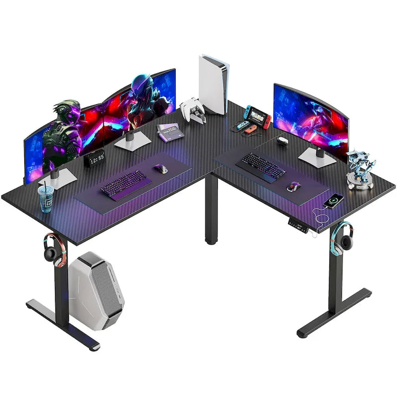 63  L Shaped Standing Desk Corner Desk LED Gaming Desk with Ergonomic Monitor Stand