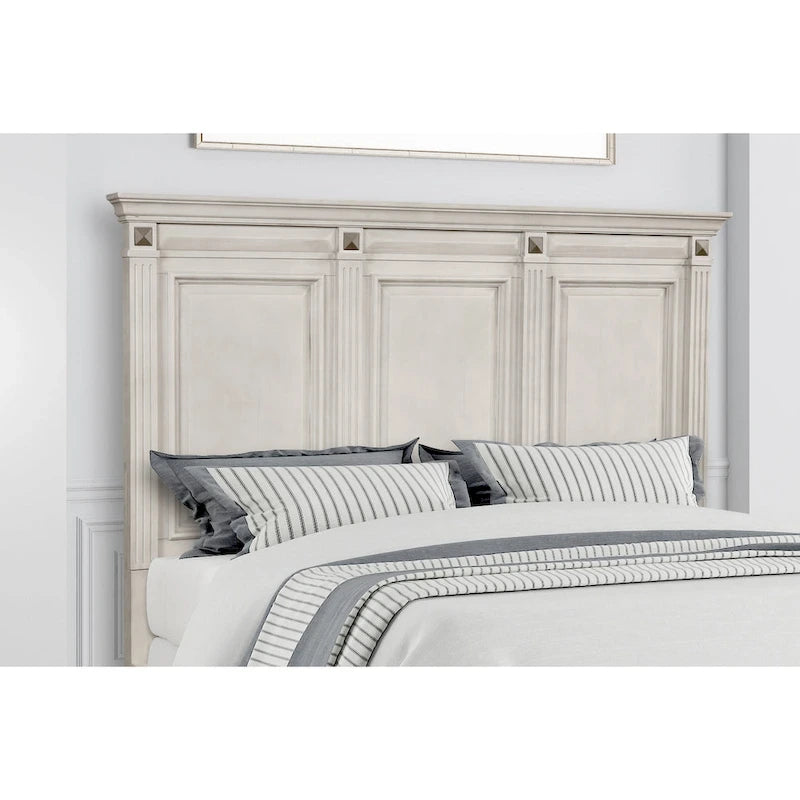 Roundhill Furniture Renova Distressed Parchment Wood Bedroom Set with Panel Bed, Dresser, Mirror, Nightstand, Chest