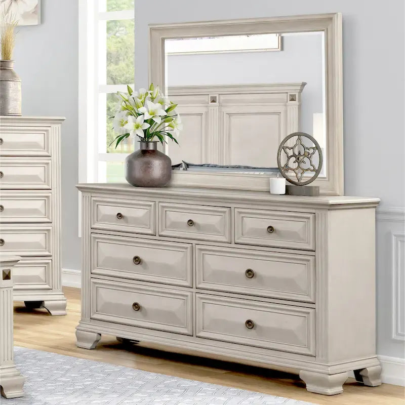 Roundhill Furniture Renova Distressed Parchment Wood Bedroom Set with Panel Bed, Dresser, Mirror, Nightstand, Chest