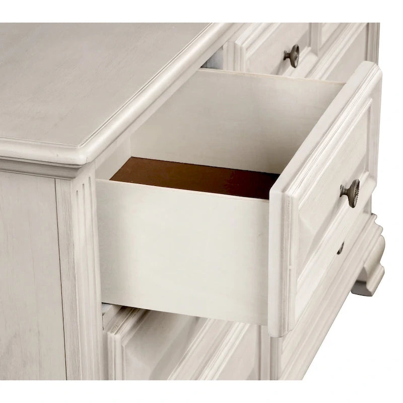 Roundhill Furniture Renova Distressed Parchment Wood Bedroom Set with Panel Bed, Dresser, Mirror, Nightstand, Chest