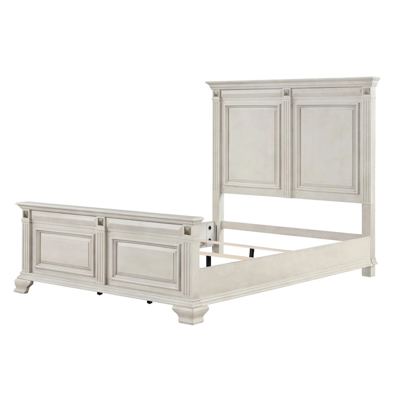 Roundhill Furniture Renova Distressed Parchment Wood Bedroom Set with Panel Bed, Dresser, Mirror, Nightstand, Chest