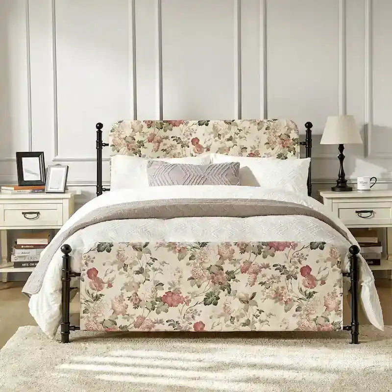 Diana Transitional 62  Floral Upholstered Platform Metal Bed Frame with Washable Slipcover by HULALA HOME
