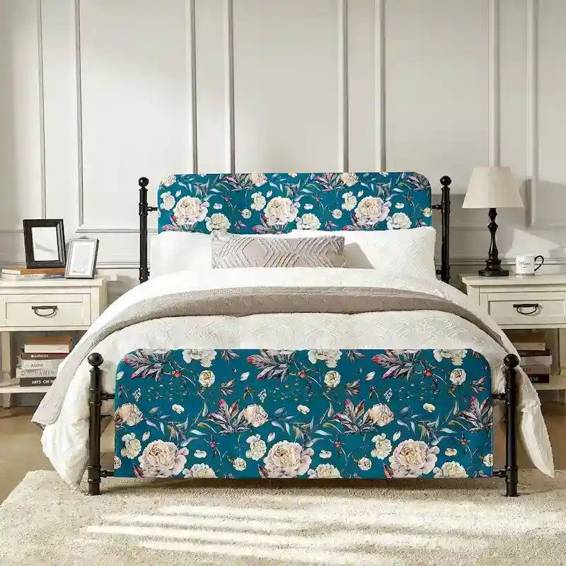 Diana Transitional 62  Floral Upholstered Platform Metal Bed Frame with Washable Slipcover by HULALA HOME