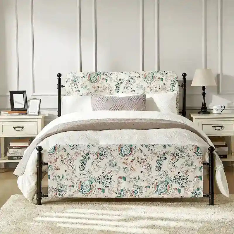 Diana Transitional 62  Floral Upholstered Platform Metal Bed Frame with Washable Slipcover by HULALA HOME