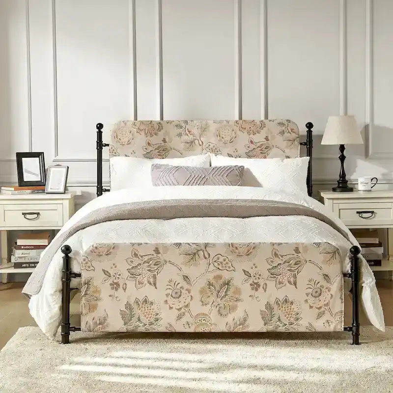 Diana Transitional 62  Floral Upholstered Platform Metal Bed Frame with Washable Slipcover by HULALA HOME