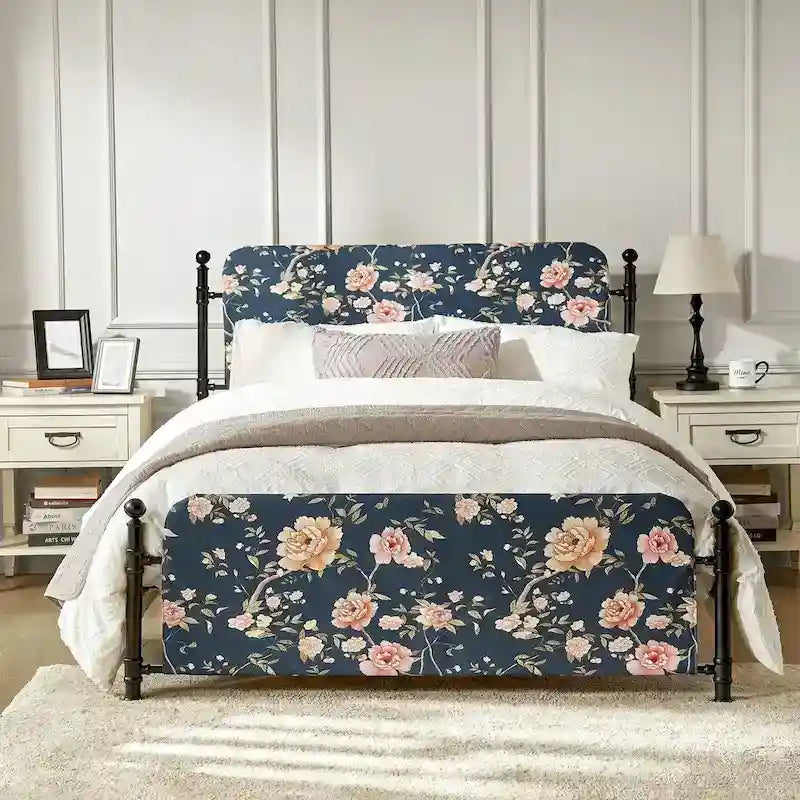 Diana Transitional 62  Floral Upholstered Platform Metal Bed Frame with Washable Slipcover by HULALA HOME