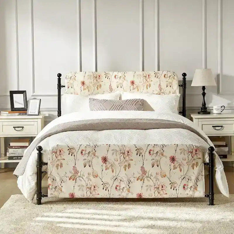 Diana Transitional 62  Floral Upholstered Platform Metal Bed Frame with Washable Slipcover by HULALA HOME