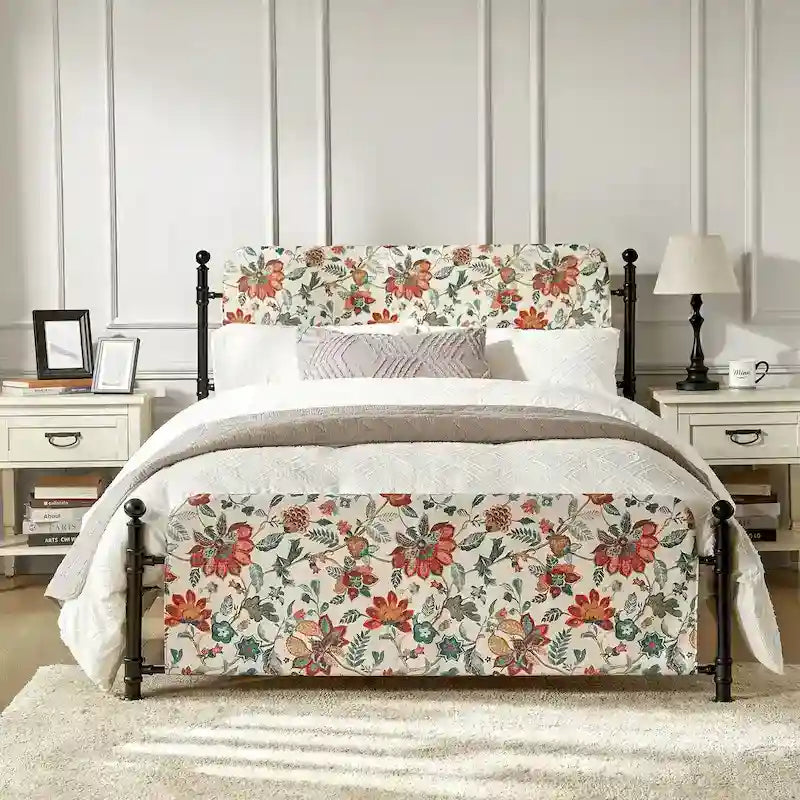Diana Transitional 62  Floral Upholstered Platform Metal Bed Frame with Washable Slipcover by HULALA HOME