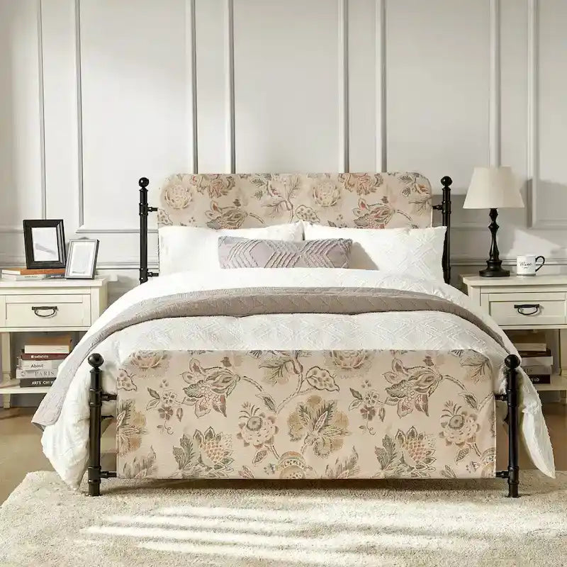 Diana Transitional 62  Floral Upholstered Platform Metal Bed Frame with Washable Slipcover by HULALA HOME