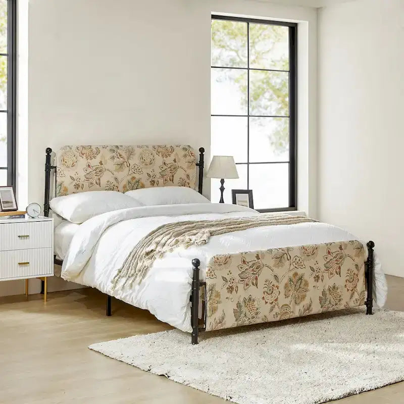 Diana Transitional 62  Floral Upholstered Platform Metal Bed Frame with Washable Slipcover by HULALA HOME