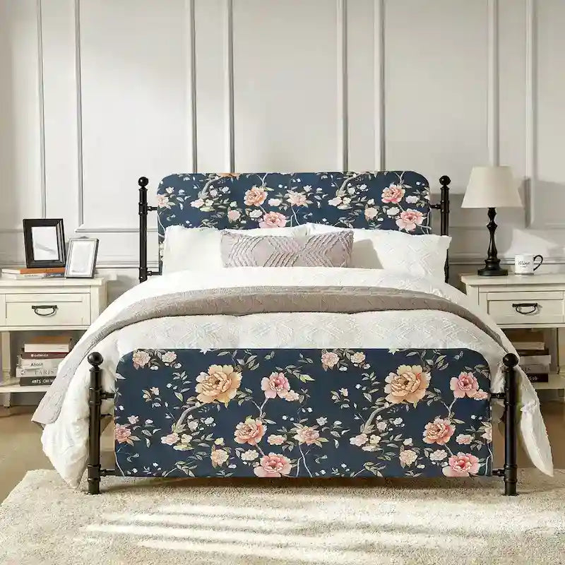Diana Transitional 62  Floral Upholstered Platform Metal Bed Frame with Washable Slipcover by HULALA HOME