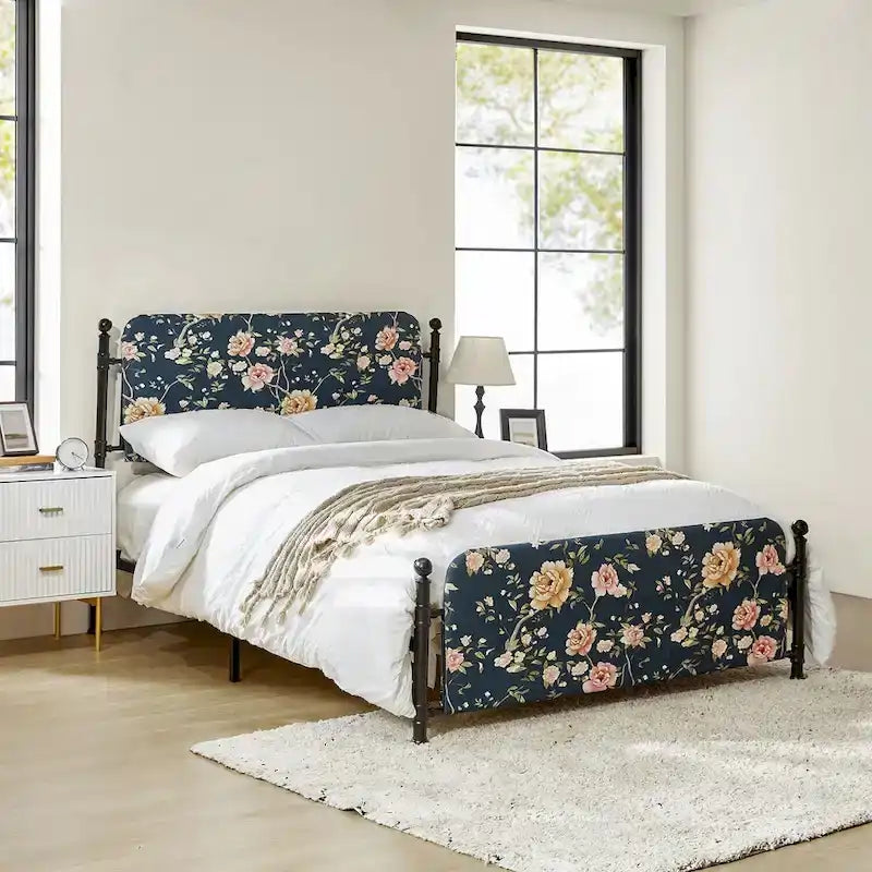 Diana Transitional 62  Floral Upholstered Platform Metal Bed Frame with Washable Slipcover by HULALA HOME
