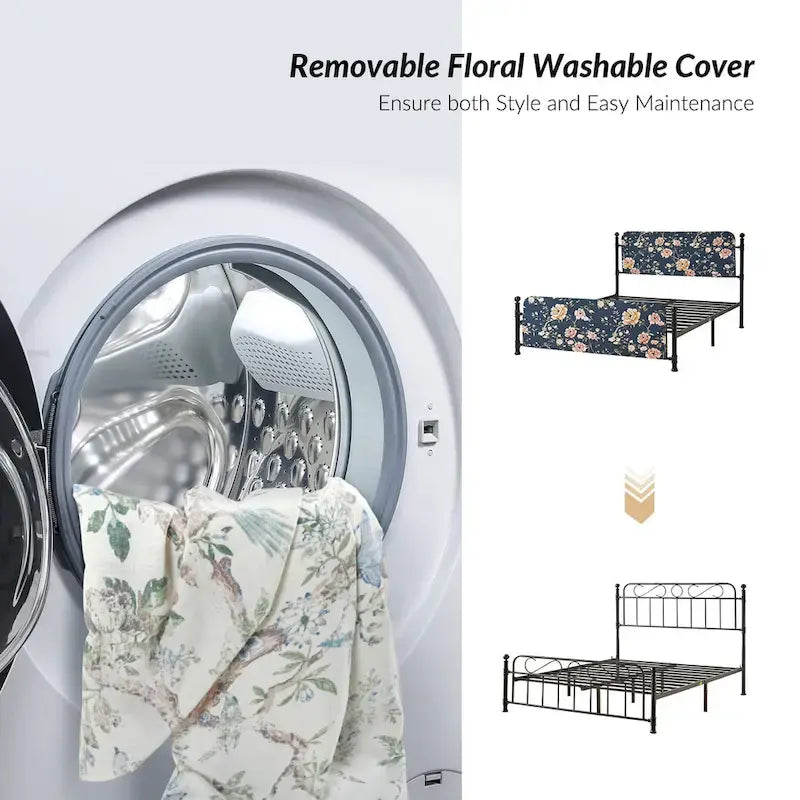 Diana Transitional 62  Floral Upholstered Platform Metal Bed Frame with Washable Slipcover by HULALA HOME