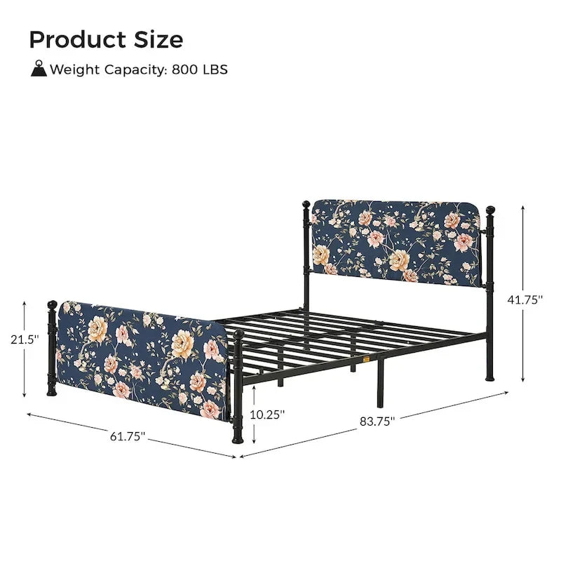 Diana Transitional 62  Floral Upholstered Platform Metal Bed Frame with Washable Slipcover by HULALA HOME