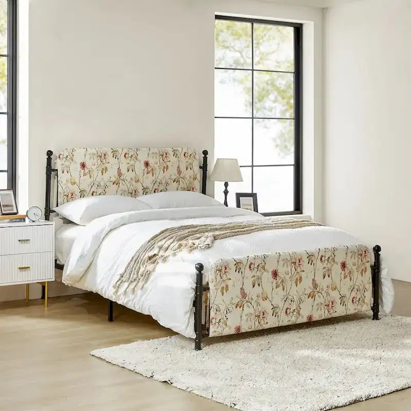 Diana Transitional 62  Floral Upholstered Platform Metal Bed Frame with Washable Slipcover by HULALA HOME