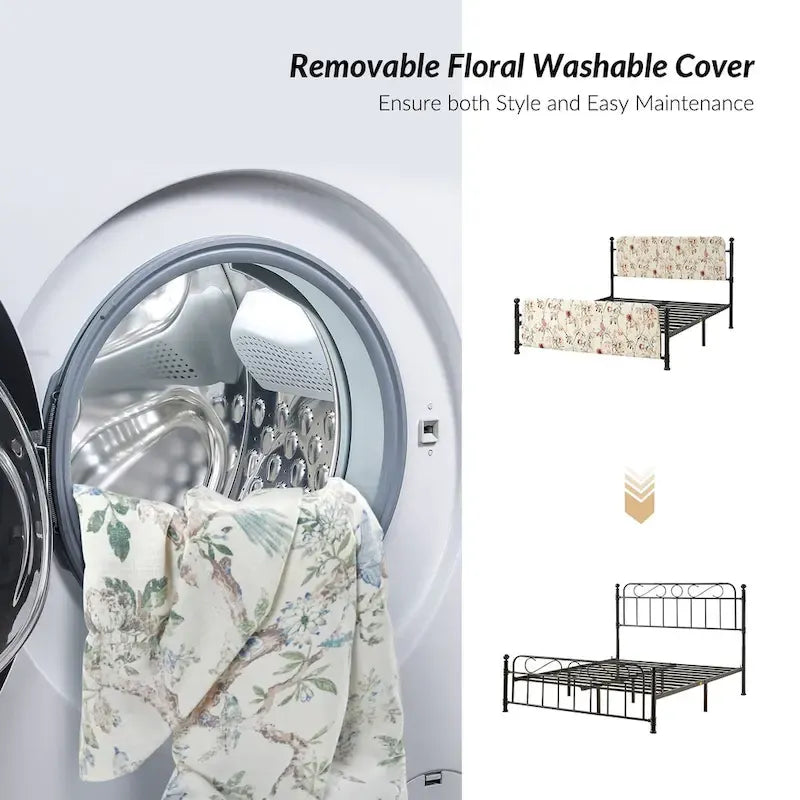 Diana Transitional 62  Floral Upholstered Platform Metal Bed Frame with Washable Slipcover by HULALA HOME