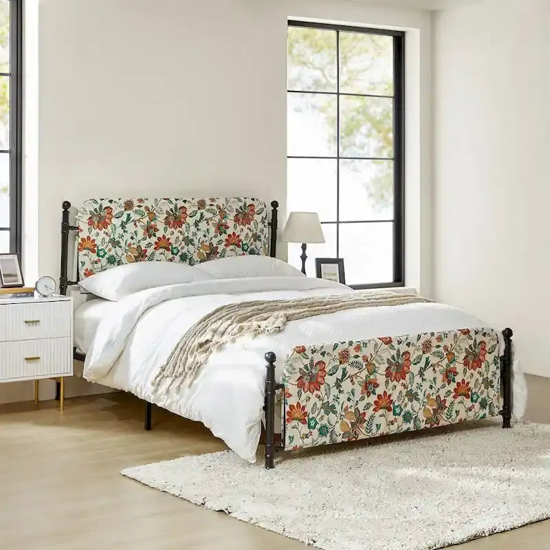 Diana Transitional 62  Floral Upholstered Platform Metal Bed Frame with Washable Slipcover by HULALA HOME