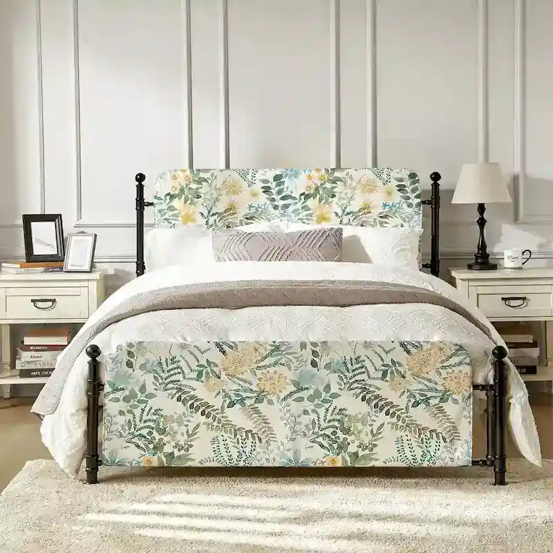 Diana Transitional 62  Floral Upholstered Platform Metal Bed Frame with Washable Slipcover by HULALA HOME