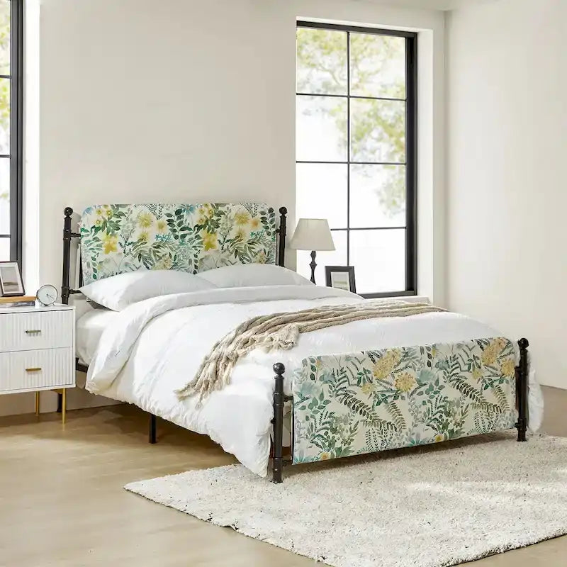 Diana Transitional 62  Floral Upholstered Platform Metal Bed Frame with Washable Slipcover by HULALA HOME