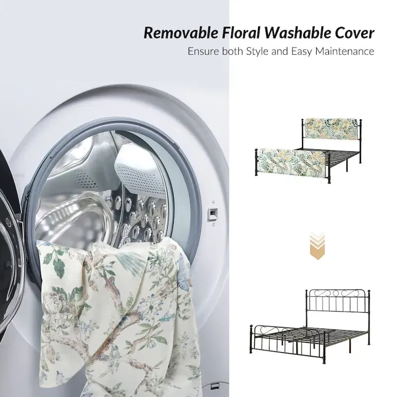 Diana Transitional 62  Floral Upholstered Platform Metal Bed Frame with Washable Slipcover by HULALA HOME