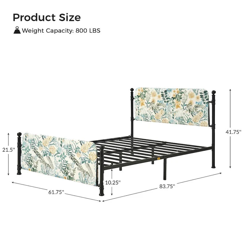 Diana Transitional 62  Floral Upholstered Platform Metal Bed Frame with Washable Slipcover by HULALA HOME