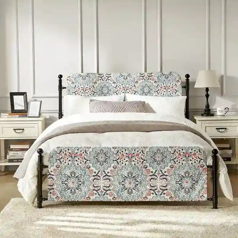 Diana Transitional 62  Floral Upholstered Platform Metal Bed Frame with Washable Slipcover by HULALA HOME