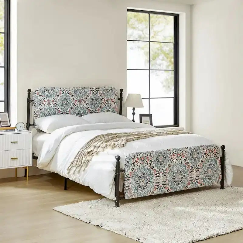 Diana Transitional 62  Floral Upholstered Platform Metal Bed Frame with Washable Slipcover by HULALA HOME