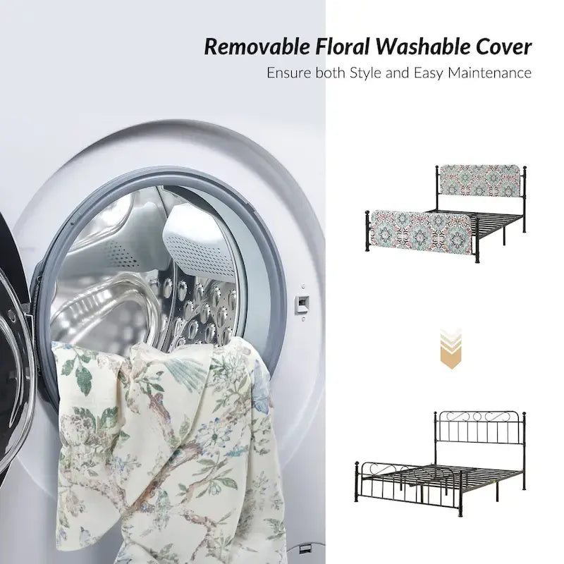 Diana Transitional 62  Floral Upholstered Platform Metal Bed Frame with Washable Slipcover by HULALA HOME