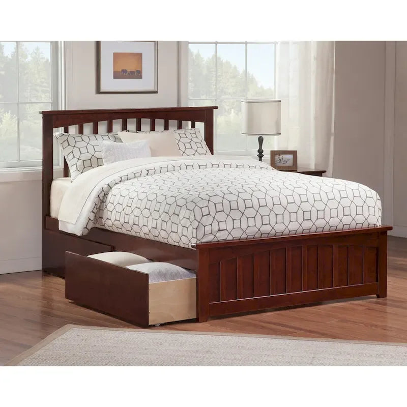 Mission Queen Platform Bed with 2 Bed Drawers in Walnut