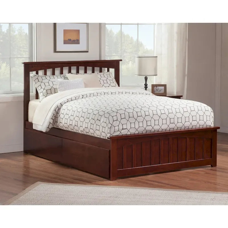 Mission Queen Platform Bed with 2 Bed Drawers in Walnut
