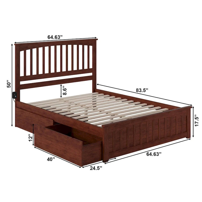 Mission Queen Platform Bed with 2 Bed Drawers in Walnut