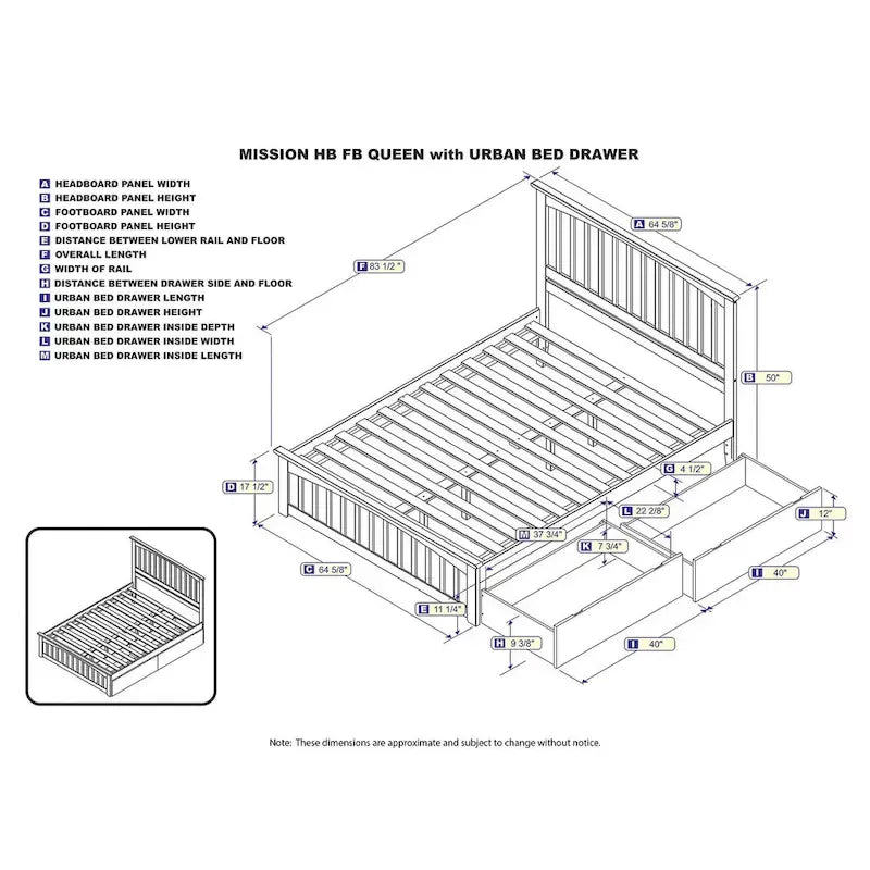 Mission Queen Platform Bed with 2 Bed Drawers in Walnut