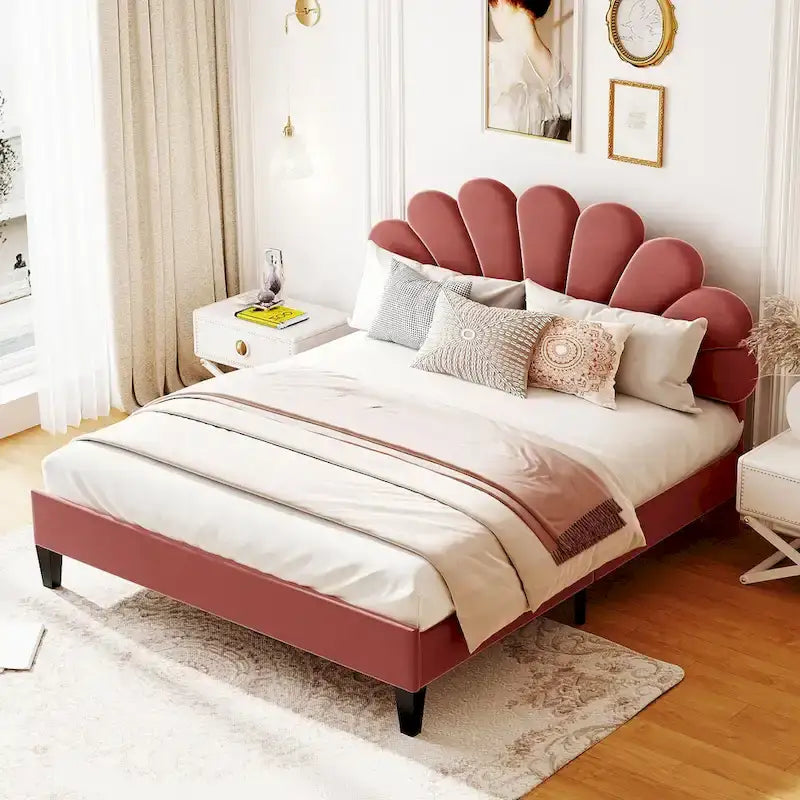 Upholstered Platform Bed with Flower Pattern Velvet Headboard