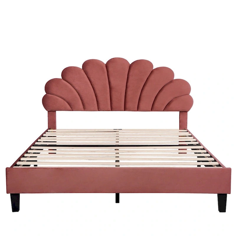 Upholstered Platform Bed with Flower Pattern Velvet Headboard